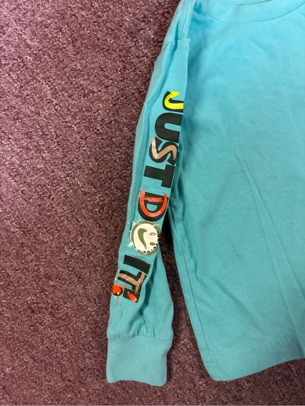 Nike Teal Long-Sleeve Kids Tee with Neon Swoosh
